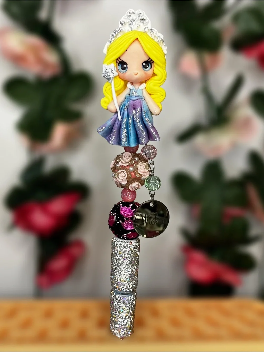 Glinda Clay Doll with Wicked Charm Rhinestone Handmade Beaded Pen